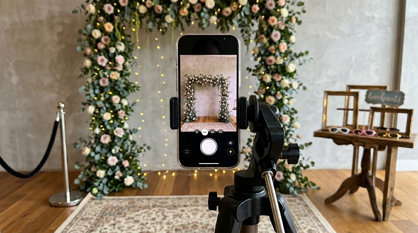 En simpel DIY Photo Booth opsætning med en telefon eller tablet på stativ, klar til at tage billeder til eventet